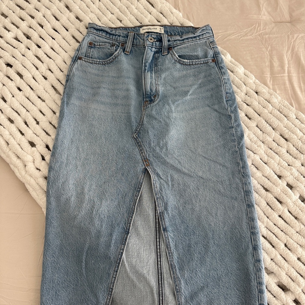 Abercrombie & Fitch Light Blue High-Rise Denim Skirt with Front Slit